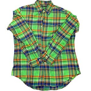 Ralph Lauren Shirt Men Large Green Blue Plaid Flannel Preppy Long Sleeve Retro